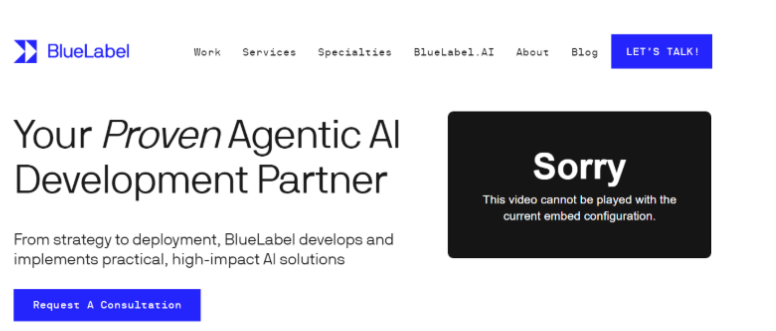 Homepage banner of BlueLabel showcasing AI and SaaS product development services with the headline “Your Proven Agentic AI Development Partner” and a consultation call-to-action button.