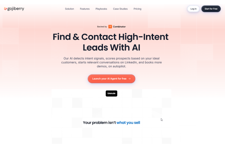 AI-powered lead generation platform homepage showing automated prospect discovery, intent-based lead scoring, and LinkedIn outreach features.