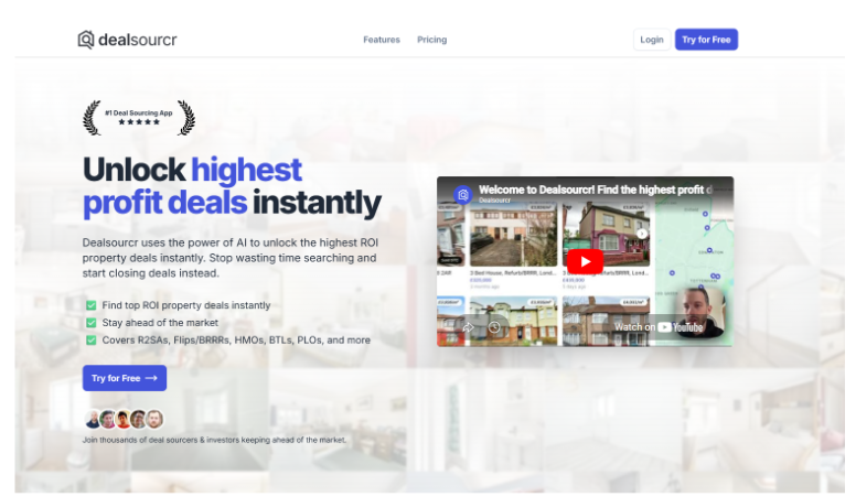Dealsourcr AI real estate platform homepage showing automated property deal sourcing, ROI analysis tools, and investment opportunities dashboard.