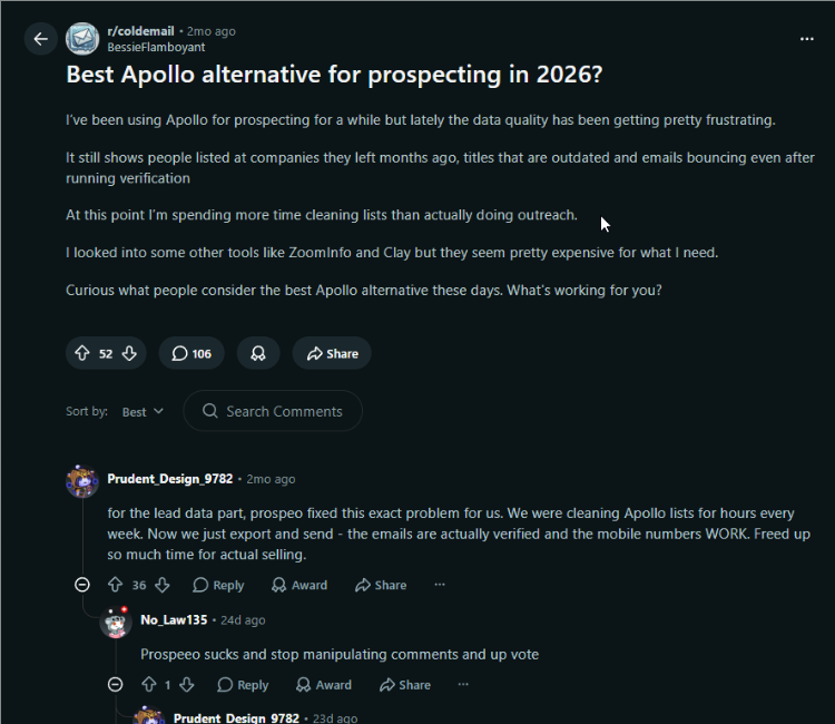 Screenshot of a Reddit discussion about the best Apollo alternative for sales prospecting in 2026, featuring user comments comparing lead generation tools, data quality, email verification, and outreach platforms.