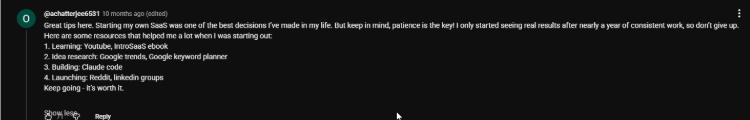 Screenshot of a YouTube comment where a user shares advice about starting a successful side hustle using YouTube, Google Trends, Reddit, and LinkedIn groups, emphasizing patience and consistency.
