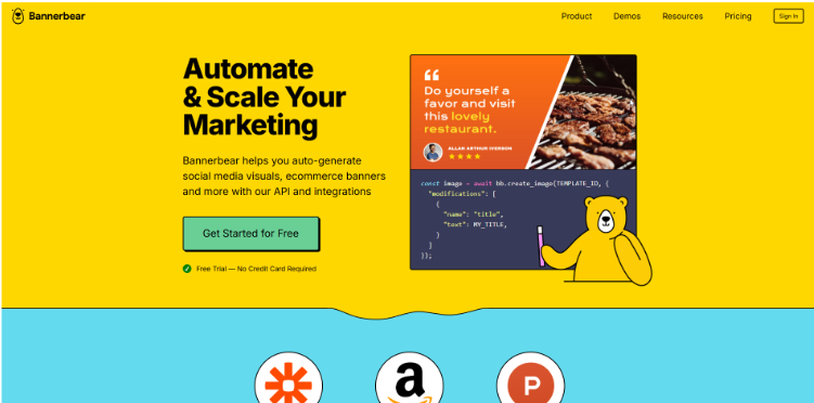 Screenshot of the Bannerbear homepage promoting automated marketing visuals and social media banner generation using APIs and integrations.
