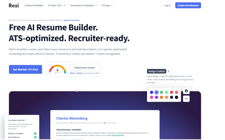 Screenshot of the Rezi AI Resume Builder homepage promoting ATS-optimized resumes, AI-powered resume writing tools, and recruiter-friendly templates.