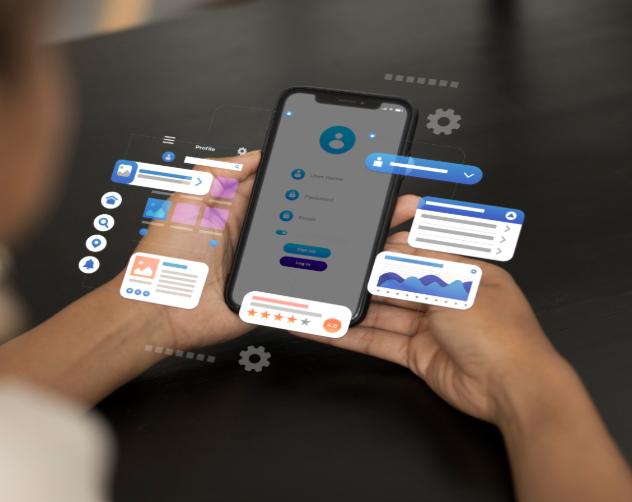 Person holding a smartphone displaying a mobile app interface with floating UI elements representing Android app development and user experience design.