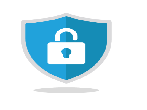 Blue shield icon with a white unlocked padlock symbol in the center on a light gray background.