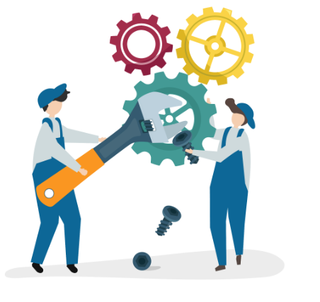 Two workers using a large wrench to repair gears and machine parts in an industrial illustration.