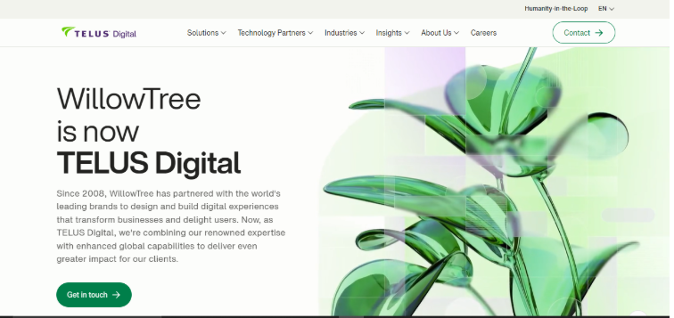 TELUS Digital website homepage announcing WillowTree partnership with modern digital experience and technology branding