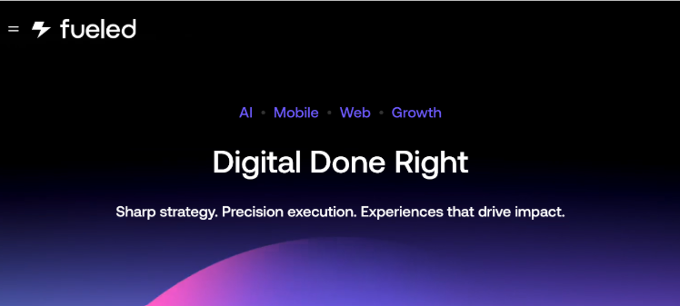 Modern digital agency website homepage highlighting AI, mobile, web, and growth services with bold branding and dark design