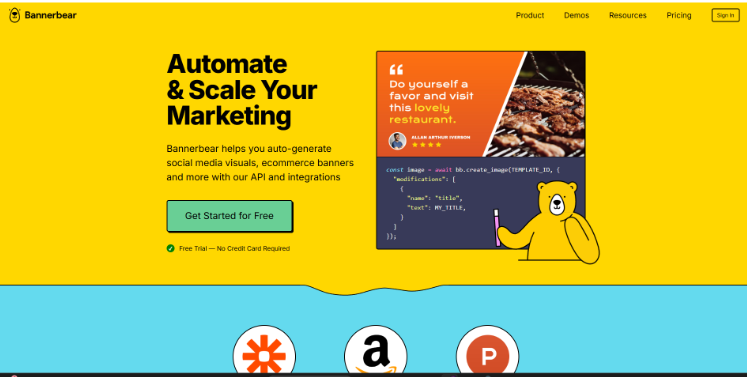 Bannerbear SaaS marketing automation platform homepage showing automated banner generation, API integrations, and scalable marketing tools for businesses in 2026