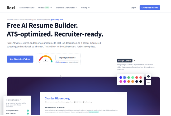 Rezi AI resume builder homepage featuring ATS-optimized resume creation tools, AI-powered writing assistance, and recruiter-ready resume templates