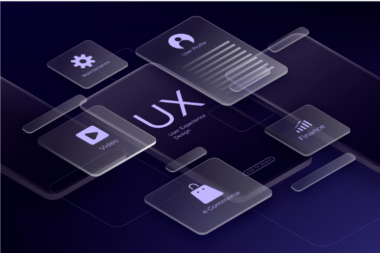 Modern UX design interface showing user experience development for finance, eCommerce, video, and maintenance applications in 2026.