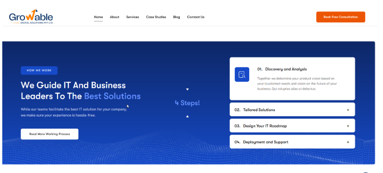 Growable Digital Solutions website section showing IT consulting workflow, discovery analysis, tailored solutions, roadmap planning, and deployment support.